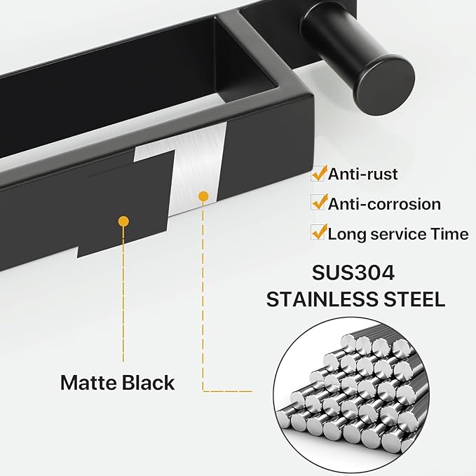 Sayayo Self Adhesive Towel Bar with Hook, 12 Inch Matte Black Towel Rack for Bathroom, Stick on Towel Holder Hand Towel Ring SUS304 Stainless Steel, 2.4 Inch Wide