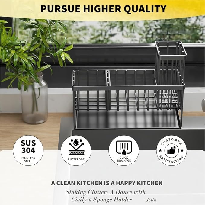 Cisily Sink Caddy Organzier with High Brush Holder, Sponge Holder for Sink, 304 Rustproof Stainless, Kitchen Countertop Soap Dispenser Organizer, Dark Gray Kitchen Decor and Accessories-NeatNest