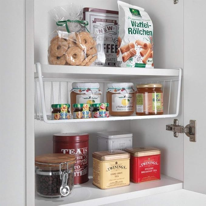Under Shelf Wire Storage Baskets – Hanging Organizer Rack for Cabinet, Pantry, or Closet – White Metal Basket for Kitchen, Towels, or Office – No Tools Required (Set of 2 19")-NeatNest