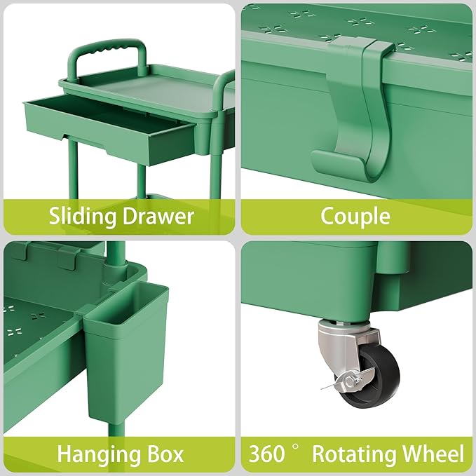 3 Tier Rolling Cart Organizer,Laundry Room Bathroom Organizers and Storage Office Shelves Mobile Shelving Unit Kitchen Trolley Cart with Wheels for Art,Craft,Diaper,Bedside,Snack(Green)-NeatNest