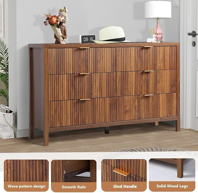 6 Drawer Dresser Cabinet, Long Nightstand with Drawers and Storage Cabinet, Farmhouse Solid Wood Dresser TV Stand, Mid Century Modern Nightstand with 6 Drawer Side Table for Bedroom Closet (Walnut)