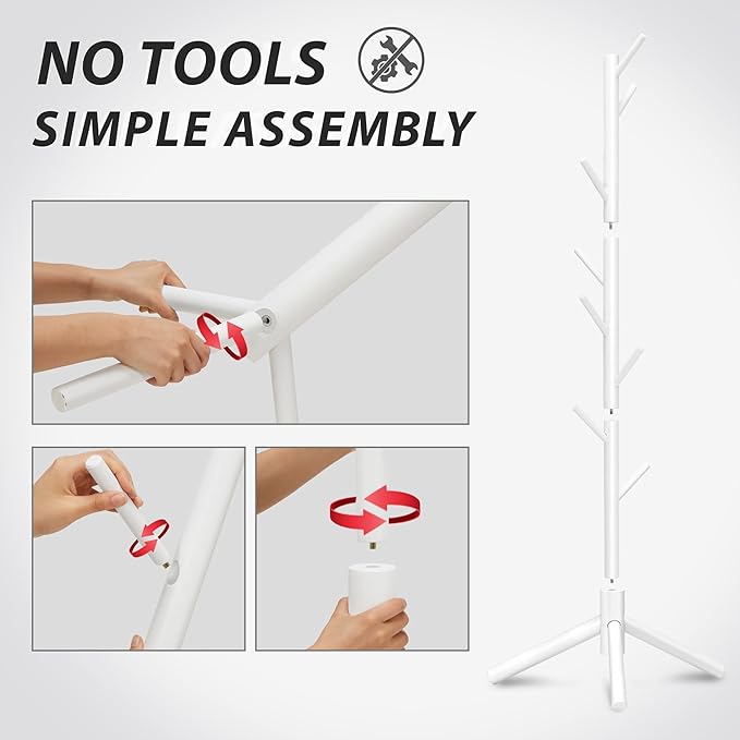 Durable Wooden Coat Rack, Freestanding Coat Rack with Stable Triangular Base, 8 Hooks & 3 Adjustable Heights, Simple Assembly for Bedroom, Hallway, Office(New White)-NeatNest