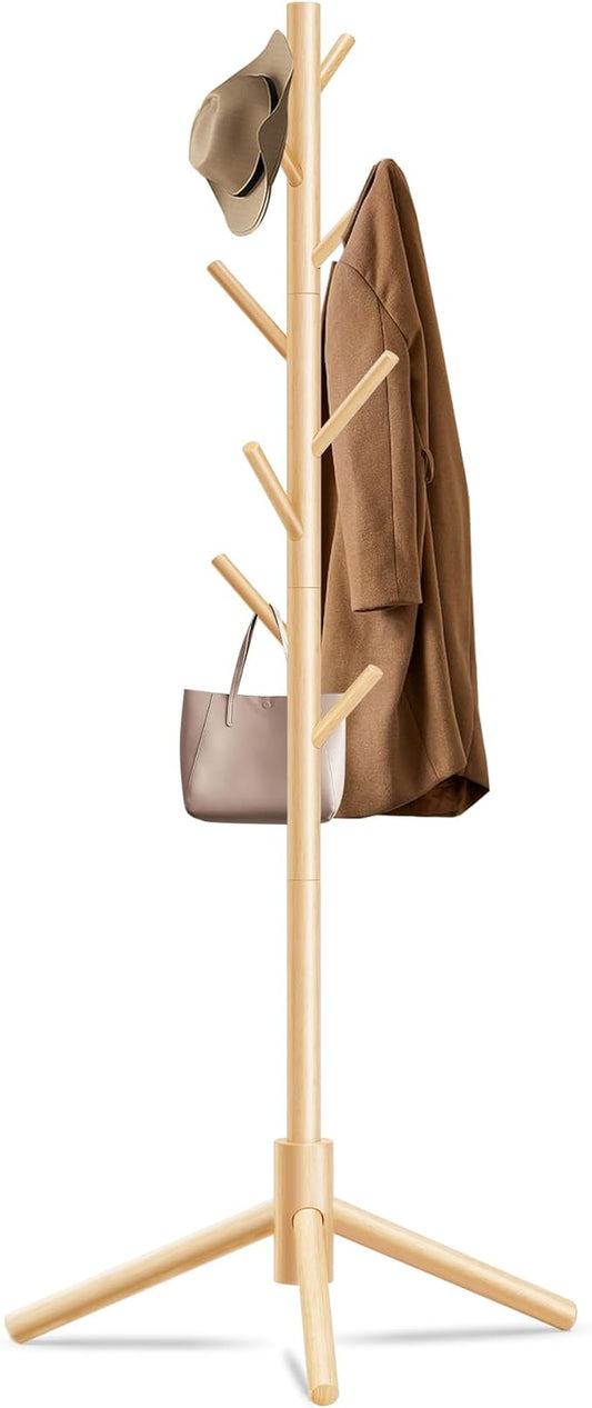 Durable Wooden Coat Rack, Freestanding Coat Rack with Stable Triangular Base, 8 Hooks & 3 Adjustable Heights, Simple Assembly for Bedroom, Hallway, Office(New Nature)-NeatNest