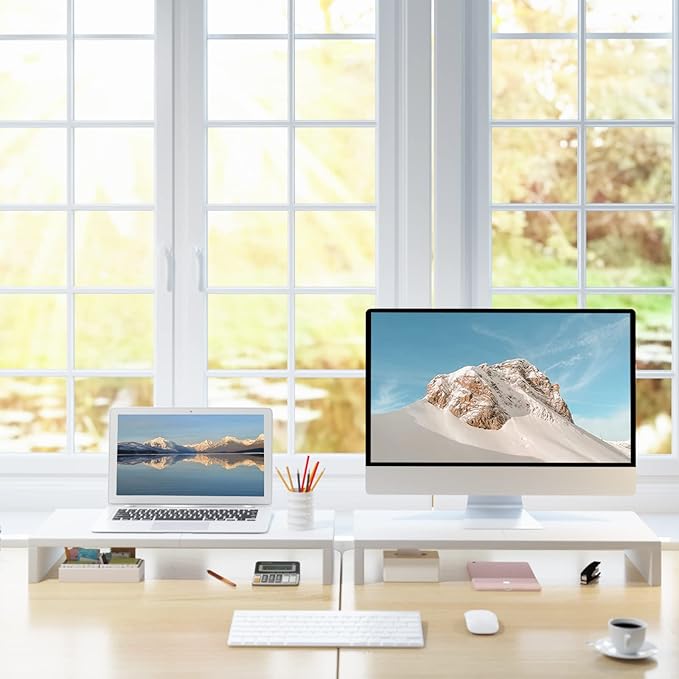 TEAMIX 2 Pack White Monitor Stand Riser - 20 inch, Wooden Desktop Stand for PC/TV/Laptop/Printer, Monitor Riser with Storage, Computer Stand with Keyboard Organizer-NeatNest