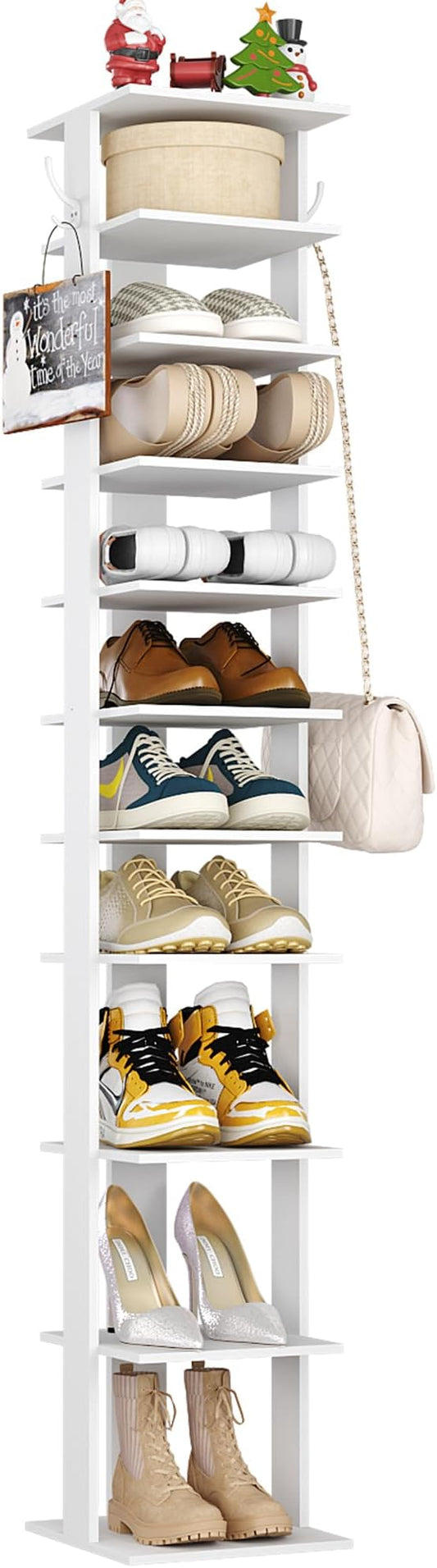 HOMEFORT 10-Tier Vertical Shoe Rack, Corner Shoe Tower, Slim Shoe Organizer with Two Hanging Hooks, Wooden Shoe Storage Stand for Entryway, Hallway, Closet (White)-NeatNest