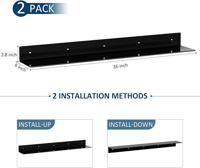 36 Inches Acrylic Long Wall Shelf Set of 2, Black Wall Mounted Acrylic Bathroom Storage Shelves Display Organizer, Floating Shelf for Bottle Oragnizer, Spice, Wine, Toys, Controller, Cup-NeatNest