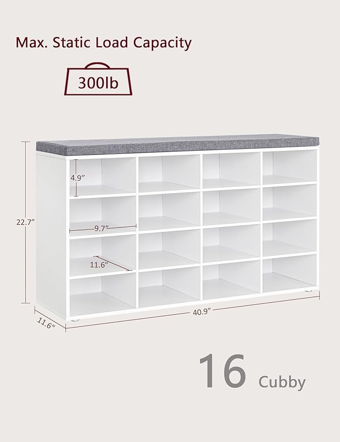 DINZI LVJ Shoe Storage Bench with Cushion, 16-Cubby Shoe Rack, Adjustable Shelves, Multifunctional Shoe Organizer Bench for Entryway, Mudroom, Hallway, Living Room, Bedroom and Garage, White-NeatNest