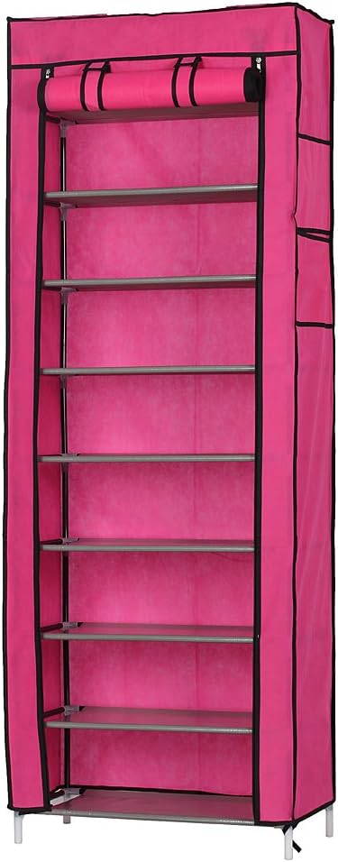 10 Tiers Shoe Rack with Dustproof Cover 27 Pair Shoe Tower Stand Sturdy Shelf Storage Organizer Cabinet Perfect for Bedroom, Closet, Entryway, Dorm Room (Rose Red)-NeatNest