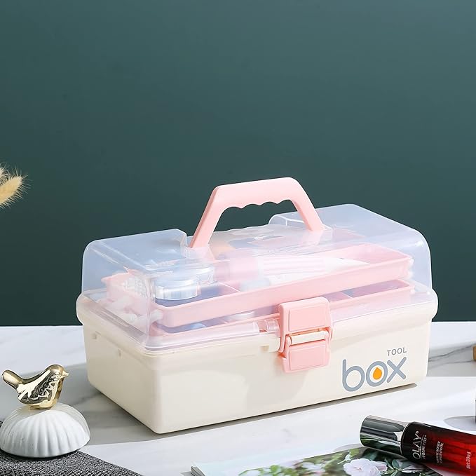 2PCS 12'' Three-Layer Clear Plastic Storage Box/Tool Box, Multipurpose Organizer and Portable Handled Storage Case for Art Craft and Cosmetic (White)