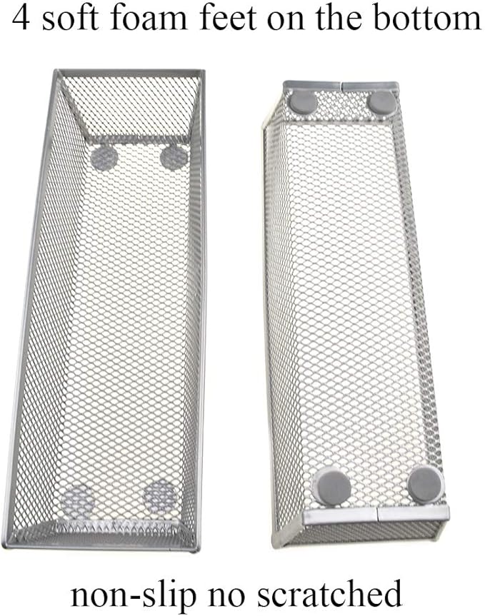 HAHIYO Stackable Mesh Tray Cup 9 x 3 x 2 inches Sturdy Container for Desk Drawer Organizer Collection for Home Office School kitchen Soft Foam Feet No Sharp Edges 2 Pack Silver-NeatNest
