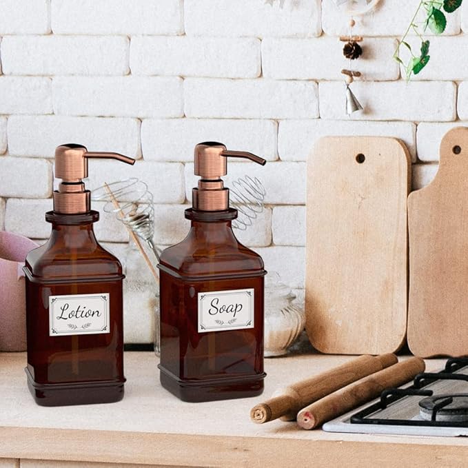 GLADPURE Soap Dispenser 2 Pack, Hand Soap Dispensers with 18 Oz Antique Design Thick Amber Glass Bottle, 316 Rust Proof Stainless Steel Pump, 6Pcs Stickers, for Lotion, Soap - Brushed Copper-NeatNest