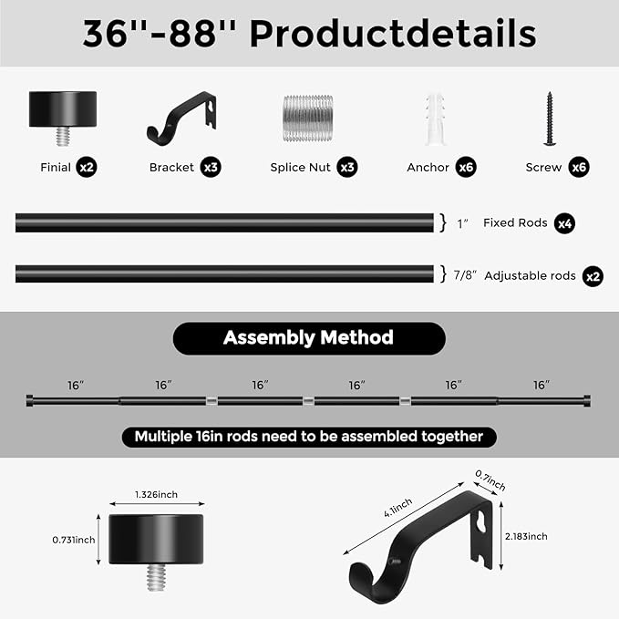 Curtain Rods for Windows 48 to 84 Inch(4-7 Feet),Black 1'' Diameter Drapery Rods with End Cap Style Design,Modern Adjustable Heavy Duty Curtain Rod,Size:36''-88''-NeatNest