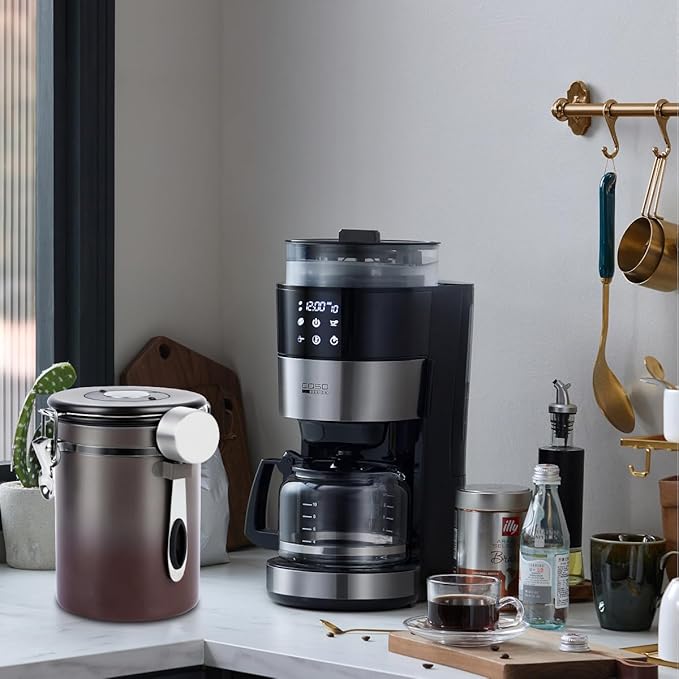 Coffee Canister Airtight Storage Container Stainless Steel Coffee Jar with Scoop,Date Tracker CO2 Release Valve for Dry Food Beans Ground Tea Flour Cereal and Sugar (1.8L Grey-Brown With Spoon(2pcs))-NeatNest