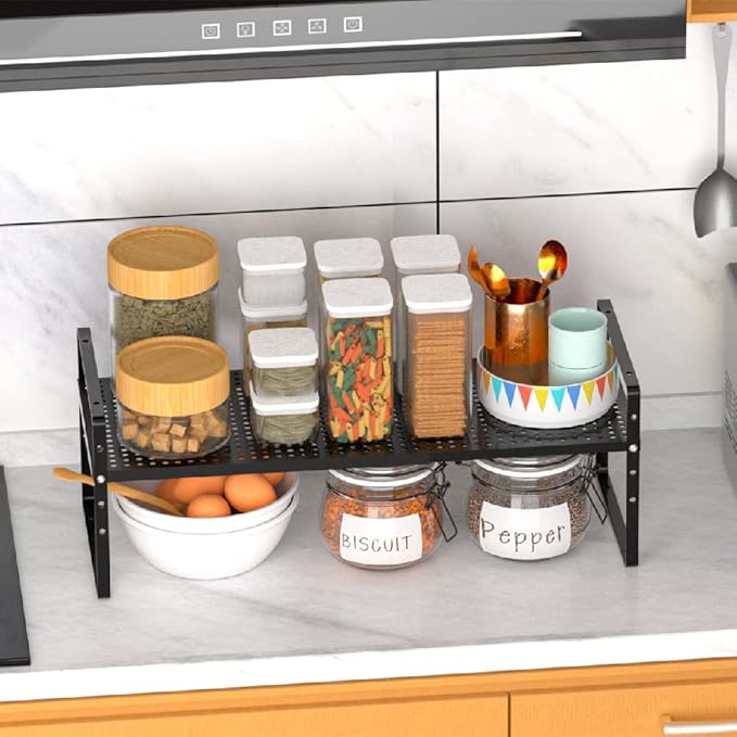 Expandable Kitchen Cabinet Shelf Organizers, Stackable Metal Pantry Storage Shelves Rack, Adjustable Counter Spice Shelf for Cabinets, Countertop, Cupboard, 2 Pack, Black-NeatNest