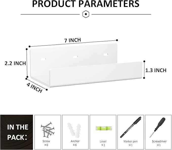 7 Inches White Acrylic Wall Display Shelves 2 Pack, U Shape, Wall Shelves Organizer for Bottles, Small Plants, Picture Frames, Beer, Wine, Décor-NeatNest