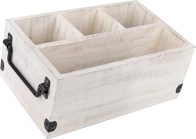 GoCraft 4-Compartment Flatware Caddy – Wooden Cutlery Holder with Napkin Holder, Silverware & Condiment Organizer, White Washed Mango Wood with Metal Handles, Perfect for Kitchen, Dining, and Picnics