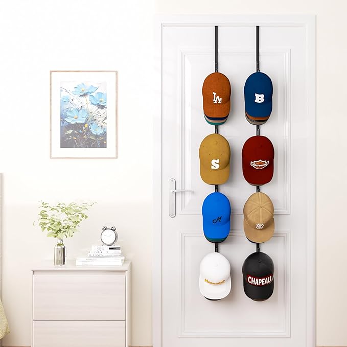 HapiRm Over Door Hat Rack - 2 Packs Hat Organizer with 8 Hooks Design, Hanging Baseball Cap Organizer Storage Holds Up to 40 Caps for Door, Bedroom, Closet (Black)-NeatNest