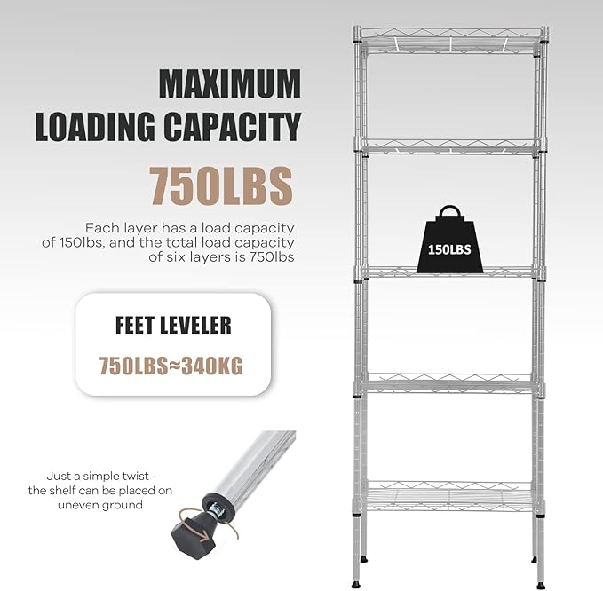 5-Tier Metal Shelving Unit Storage Shelves Metal Shelves 48"x17"x12" Heavy Duty Metal Storage Rack Wire Rack NSF Height Adjustable for Home Kitchen Bathroom Garage Shelving(Chrome)