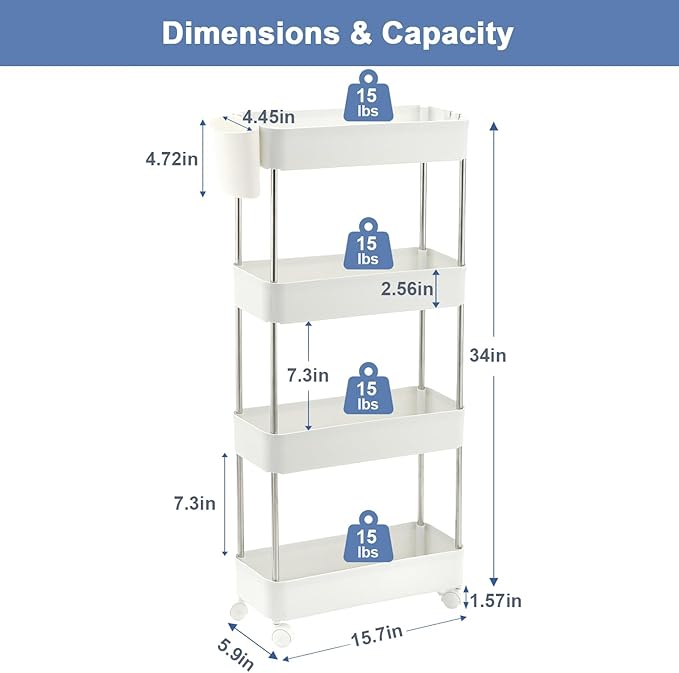 VECELO Storage Rolling Cart, 4 Tier Utility Cart Kitchen Slim Mobile Storage Unit Organizers with Wheels Hooks&Hanging Cups for Bedroom Bathroom Office Table Side in Narrow Places, White