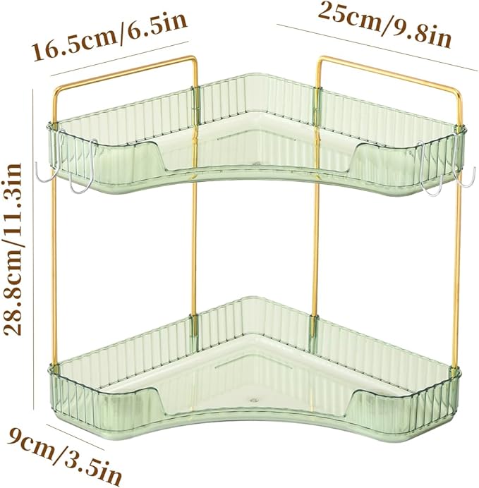 2 Tier Plastic Bathroom Counter Organizer with Hooks,Corner Vanity Tray and Makeup Storage Shelf for Sink, Countertop (Green Gold)-NeatNest