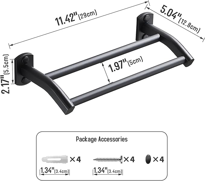 Black Double Towel Bar, Hand Towel Rack for Bathroom Wall Mounted Towel Hanger, Matte Black Bath Towel Rod,12 Inch