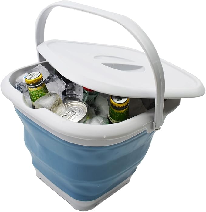 SAMMART 8.5L (2.2 Gallon) Collapsible Square Bucket with Handle and Lid. Size 31x31cm (Grey/Steel Blue, 1)-NeatNest