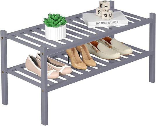 2 Tier Bamboo Shoe Rack for Closet Free Standing Wood Shoe Shelf for Entryway Small Space Stackable 27"x11"x13" (Grey)-NeatNest