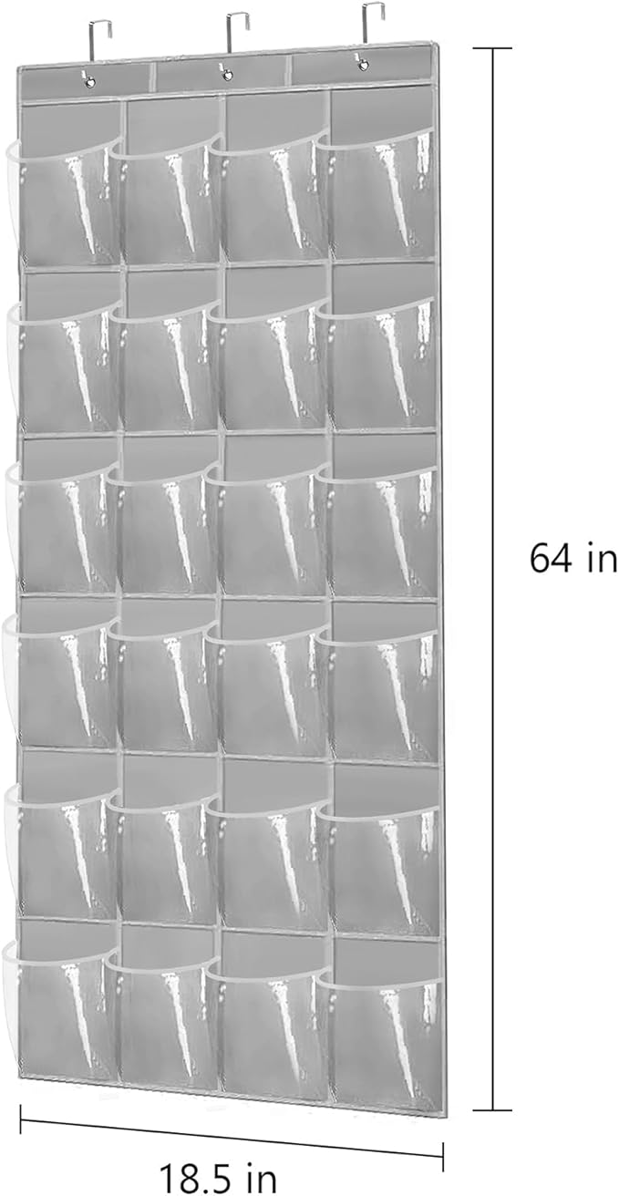 Over The Door Shoe Organizer - Space Saving Shoe Rack for Closet Door with 24 Pockets and Hook, Shoe Holder Back of Door Organizers for Shoes, Gray Hanging Shoe Organizer (Gray)-NeatNest