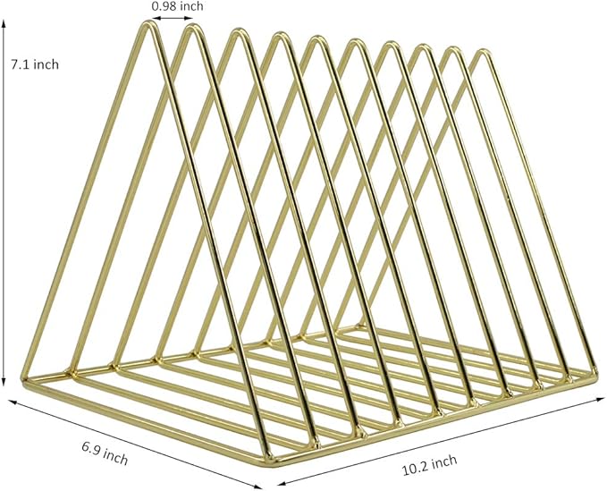 EASEPRES Gold File Holder Organizer, Triangle Record Album Holder Magazine Wire Rack, 9 Slot Multifunction Desktop Storage Decor for Home Office