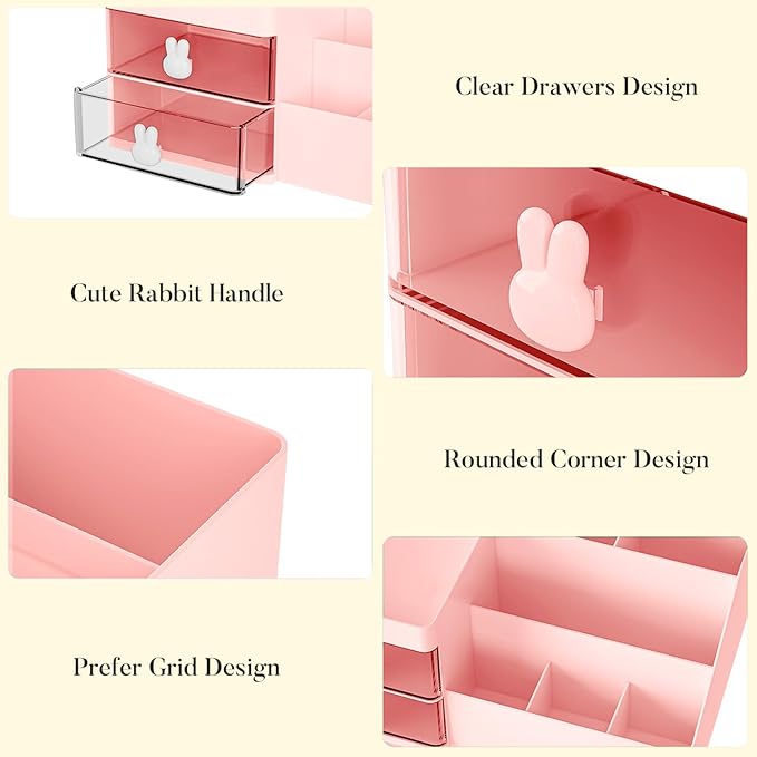Makeup Organizer, Cosmetic Desk Storage Box with Drawers Skincare Organizers for Dressing Table, Countertop, Bathroom Counter, Vanity Holder for Brushes, Lotions, Lipstick, Perfume (Pink-Clear)-NeatNest