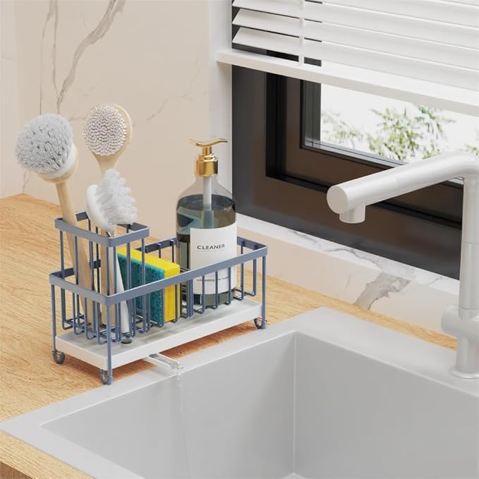 Cisily Blue Gray Sponge Holder for Kitchen Sink, Sink Caddy Organizer with High Brush Holder, Kitchen Countertop Organizers and Storage Essentials, Rustproof 304 Stainless Steel, Soap Dispenser-NeatNest