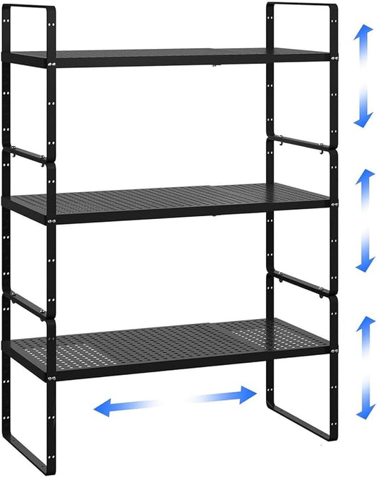 Expandable Cabinet Shelf Organizer Adjustable Metal Spice Rack Stackable Freestanding Counter Storage Shelves for Kitchen Cabinet Under Sink Office Desk (Black - 3Pack - L16.5-27'' * W10.2'' * H9.6'')-NeatNest