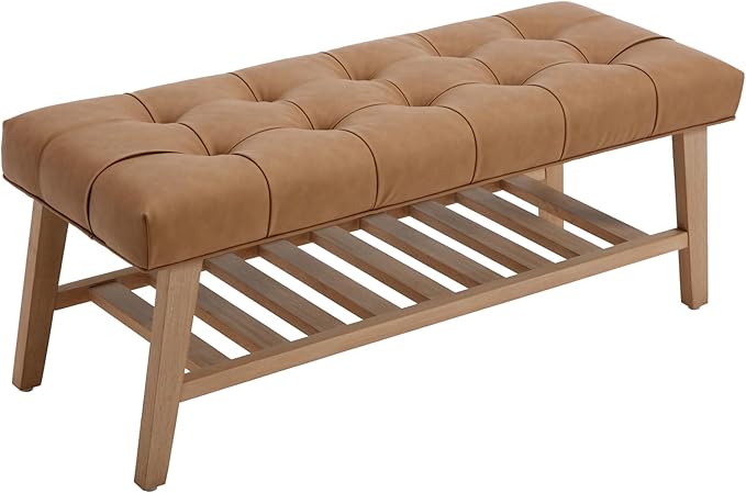 Entryway Shoe Bench Storage Benches with Upholstered Button Tufted Seat and Open Slatted Shelf PU Leather Ottoman Bench for Hallway Living Room Bedroom End of Bed, Brown-NeatNest