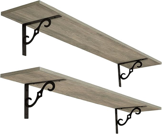 DINZI LVJ Long Wall Shelves, 47.3 Inch Large Floating Shelves Set of 2, Wide Display Shelf Wall Mounted with Brackets, Easy Hanging for Living Room, Toilet, Office, Bedroom, Gray Wash-NeatNest