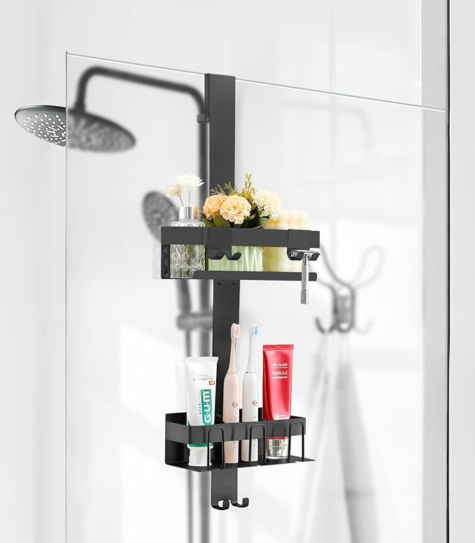 Over The Door Shower Caddy 2 Tier, 304 Stainless Steel Hanging Shower Caddy Rustproof Shower Shelves, No Drilling Hanging Shower Organizer for Bathroom Glass Door, Black