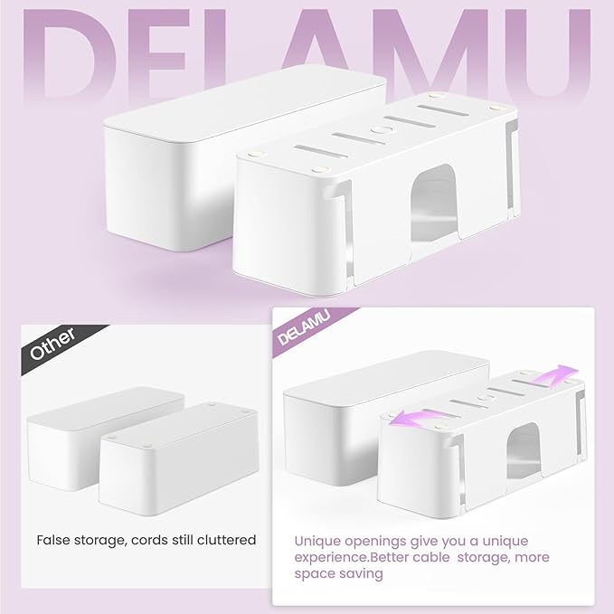 Delamu 2 Pack Cable Management Box, Stylish Cable Box with Cord Organizer for Desk, Pet & Child-Proof Cord Hider and Power Strip Protector, Ideal for Home & Office, Durable Cable Organizer Box