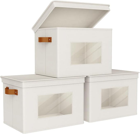 Univivi Storage Boxes with Lids Fabric Foldable Storage Bin for Clothes, [3-Pack] Closet Organizer Containers boxes with Handles for Home, Bedroom, Closet Storage (Beige,17” x 12” x 12")-NeatNest