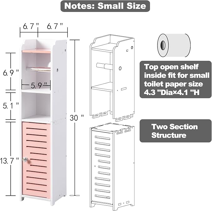 AOJEZOR Toilet Paper Holder Stand: Small Bathroom Storage Cabinet - Rose Dawn - White-NeatNest