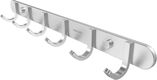 Coat Hook Wall Mount - NHENY Towel Rack with 6 Hooks Hanger for Hanging Clothes, Bags, Keys, and Towels Bathroom, Entryway, Door, 304 Stainless Steel Brushed Nickel-NeatNest