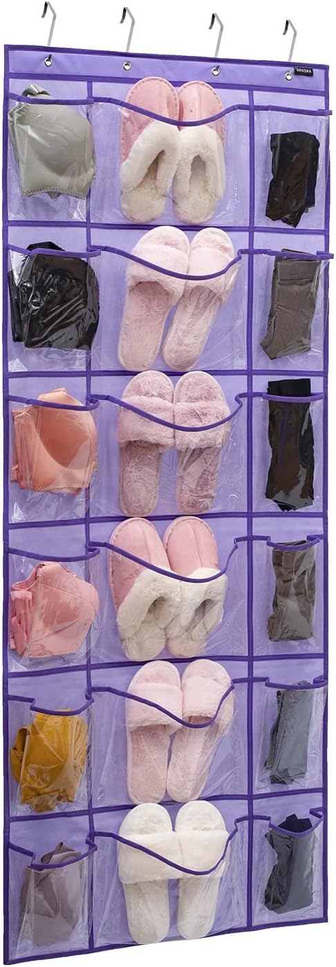 Over The Door Hanging Shoe Rack Organizer 18 Pockets Organizer with 6 Extra Large Clear Pockets for Shoe Holder Storage (18 Pockets-Purple)-NeatNest