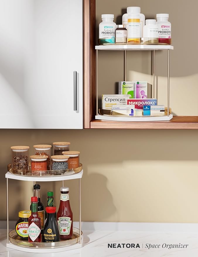 2 Pack 2-Tier Lazy Susan Turntable Organizer – 9.05” Rotating Spice Rack Organizer for Cabinet, Pantry, Tabletop & Counter – Clear Acrylic Lazy Susan for Kitchen, Bathroom & Vanity