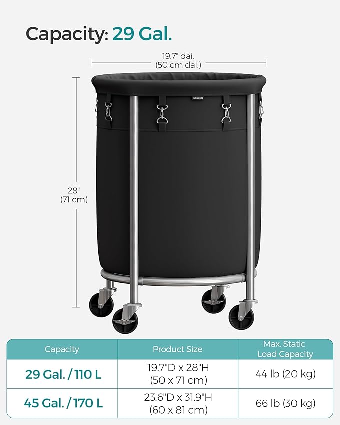 SONGMICS Laundry Basket with Wheels, Rolling Laundry Hamper, 29 Gal., Round Laundry Cart with Steel Frame and Removable Bag, 4 Casters and 2 Brakes, Black and Silver URLS002B01