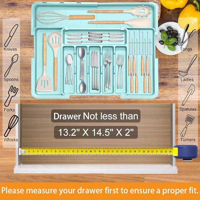 Homecor Silverware Organizer - Expandable Large Kitchen Drawer Organizer Utensil Organizer with 2 Knife Block Inserts, 22"x 19"Cutlery Tray with Drawer Dividers for Kitchen Flatware (Turquoise)