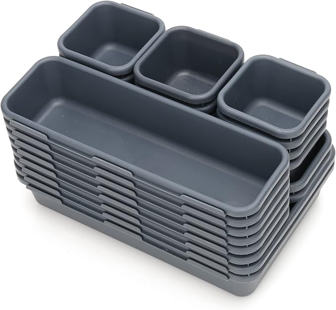 KeFanta 22 Pack Desk Drawer Organizers,Interlocking Junk Drawer and Storage with 3 Sizes, Tray Organizer for Office,Bathroom,Kitchen,Makeup(Dark Grey)-NeatNest