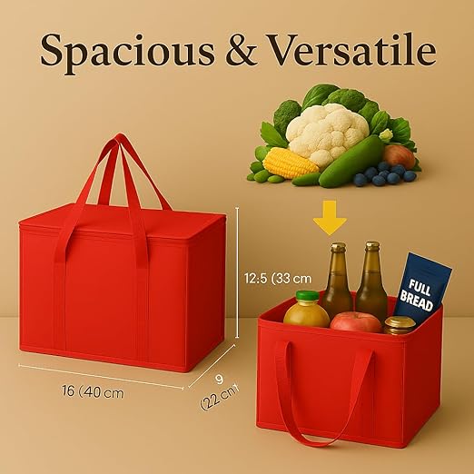 2Pk Insulated Reusable Grocery Bags, Collapsible Cooler Bag for Groceries, Heavy Duty Large Insulated Bag (Large, Bright Red)-NeatNest