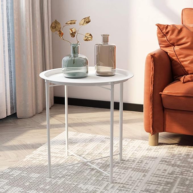 VECELO Side/End Table, Folding Round Metal Anti-Rust and Waterproof Outdoor or Indoor Tray for Living Room Bedroom Balcony and Office, 2 PCS, Beige