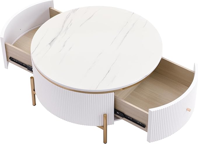 31.5" Modern Round Coffee Table with 2 Large Drawers Storage Accent Table Multiple End Tables Center Table Sofa Table Utility Table for Living Room Office Bedroom Balcony, White & Gold