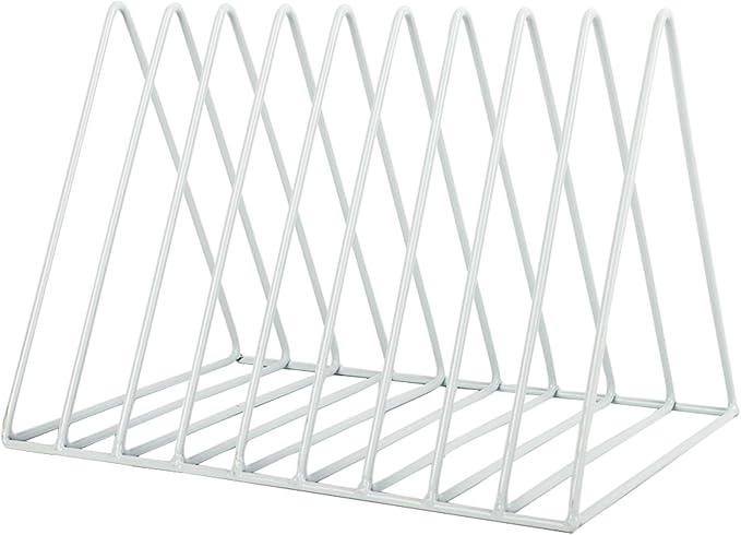 EASEPRES Vinyl Record Holder Storage, 9 Slot Metal Magazine Book Album Display Rack, Stylish Triangle Desktop File Sorter Organizer for Home Office, White