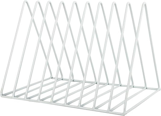 EASEPRES Vinyl Record Holder Storage, 9 Slot Metal Magazine Book Album Display Rack, Stylish Triangle Desktop File Sorter Organizer for Home Office, White