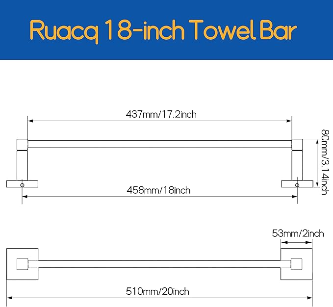 RUACQ Towel Bar 18inch, Towel Racks for Bathroom, 304 Stainless Steel Towel Holder Wall Mounted, Heavy Duty Bathroom Decor Towel Rod (Brushed Nickel)